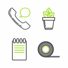 Set line Scotch, Notebook, Flowers in pot and Telephone handset and speech bubble chat icon. Vector