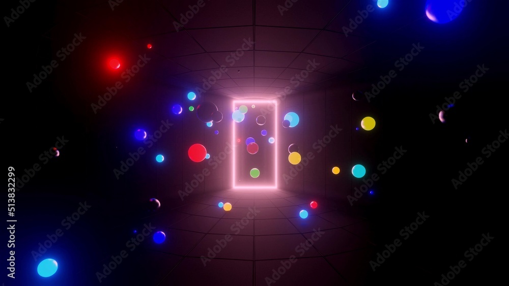 Poster 3d render. 3d abstract creative background with neon glow multi-colored spheres inside camera, refle