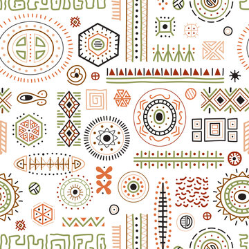 Abstract African art shapes seamless background, tribal geometric decoration pattern. Colored flat vector boho symbols illustrations. Ancient indian shapes and animal print doodles.