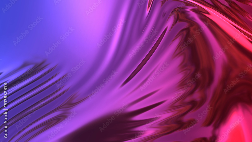 Poster 3d render beautiful folds of foil with gradient iridescent blue red color in full screen, as clean f
