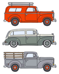 The vectorized hand drawing of three retro delivery vehicles - 513832658