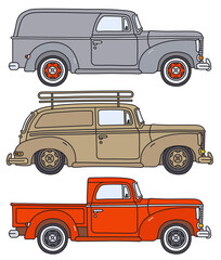 The vectorized hand drawing of three retro delivery vehicles