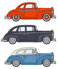 The vectorized hand drawing of three classic motor vehicles - 513832661