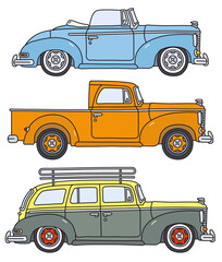 The vectorized hand drawing of three retro motor vehicles - 513832662