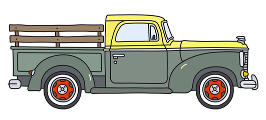 The vectorized hand drawing of an old green and yellow small semitruck - 513832665