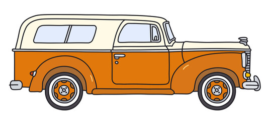 The vectorized hand drawing of an old orange and cream off road station wagon - 513832666