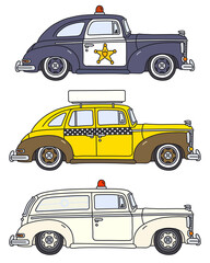 The vectorized hand drawing of three retro big american cars - 513832667