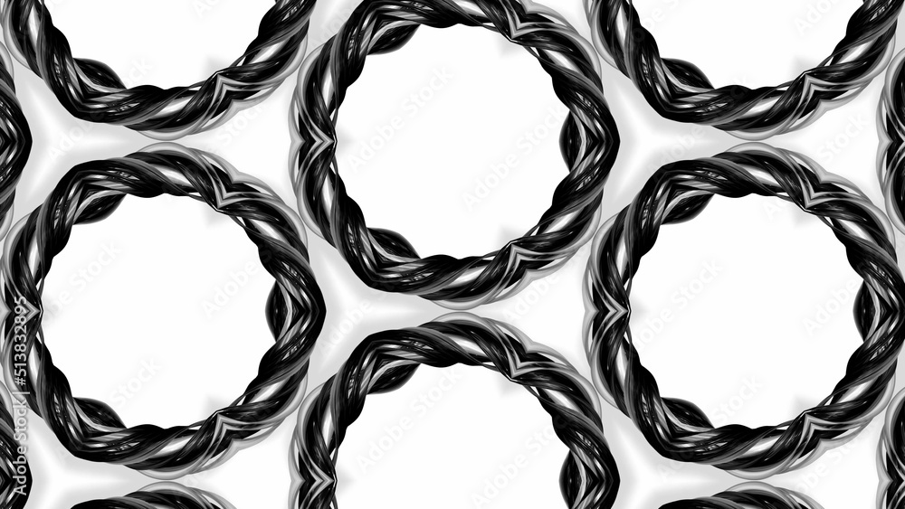 Poster 3d render. black and white stripes are twisted forming complex symmetric periodic structures like or