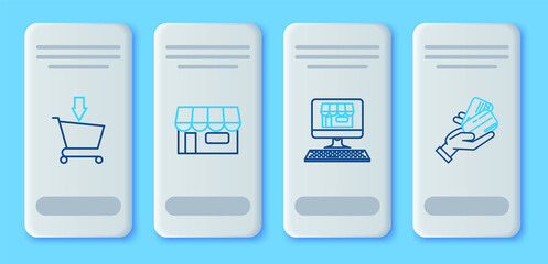 Set line Shopping building or market store, on screen computer, Add cart and Human hand holding with credit card icon. Vector