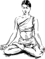 Hand sketch of meditating woman. Vector illustration.