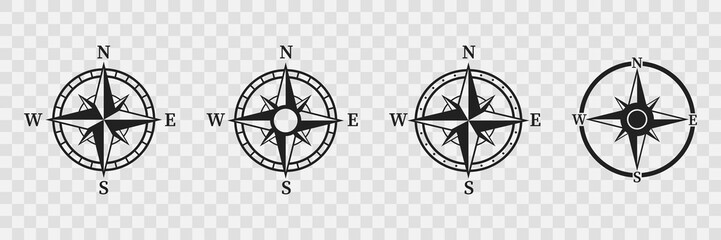 Compass icons set. Black wind rose or compass set. Wind rose symbol collection. Vector illustration. Cardinal directions- North, South, East, West. - obrazy, fototapety, plakaty