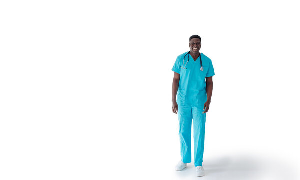 African-American Doctor On A White Background In Full Growth.