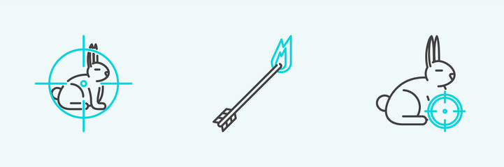 Naklejka premium Set line Hunt on rabbit with crosshairs, and Flame arrow icon. Vector
