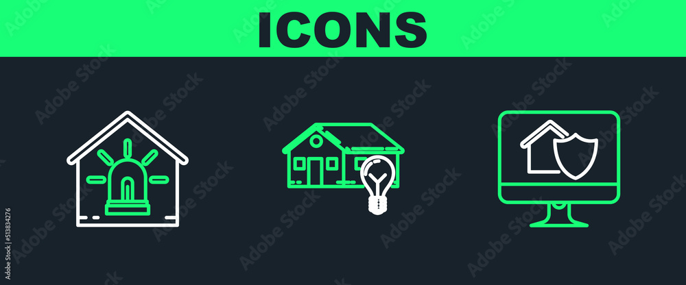 Poster set line computer monitor with house under protection, smart and alarm and light bulb icon. vector
