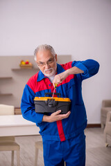 Old male carpenter working indoors