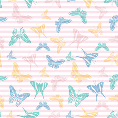 Butterflies over stripes vector seamless pattern