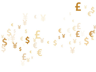 Euro dollar pound yen gold symbols scatter money vector background. Business backdrop. Currency