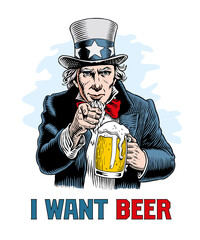 Uncle Sam holding beer mug and pointing. Funny retro comic style vector illustration. Idea for poster, label, postcard or t-shirt design. - obrazy, fototapety, plakaty