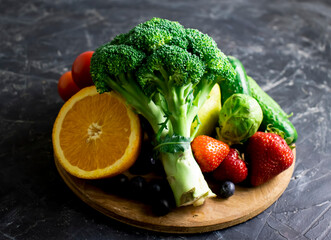 Fresh organic vegetables and fruits on old background