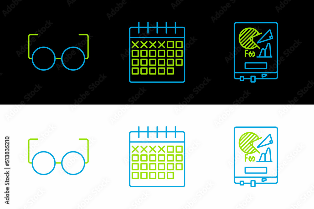 Poster set line board with graph chart, glasses and calendar icon. vector
