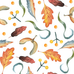 Autumn nature artistic seamless pattern. Watercolor assorted tree leaves, berries on white background.