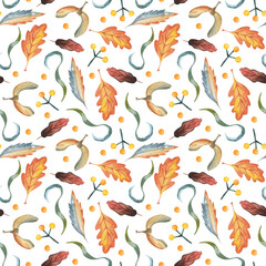 Autumn nature artistic seamless pattern. Watercolor assorted tree leaves, berries on white background.