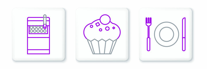 Set line Plate, fork and knife, Open cigarettes pack box and Muffin icon. Vector