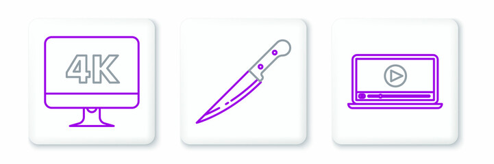 Set line Online play video, Computer PC monitor with 4k technology and Knife icon. Vector