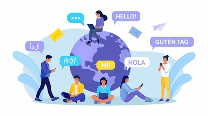 Young people chatting in foreign languages with phone. Multilingual greeting. Hello in different languages. Diverse cultures, international communication. Students with speech bubbles and earth planet - obrazy, fototapety, plakaty
