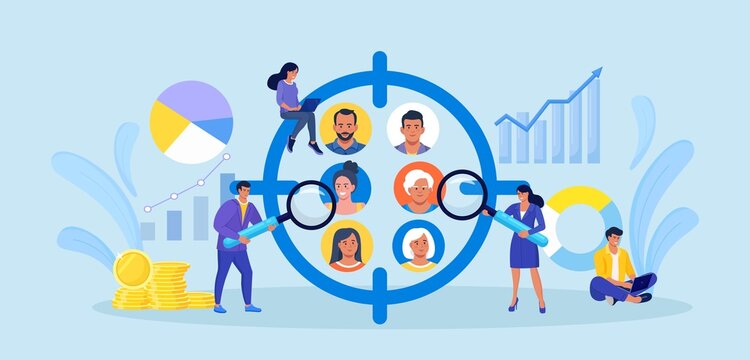 Focus group concept. People avatars in crosshair. Businessmen study audience, research consumer behavior. Target audience at aim. Customer attraction campaign, accurate seo, advertising