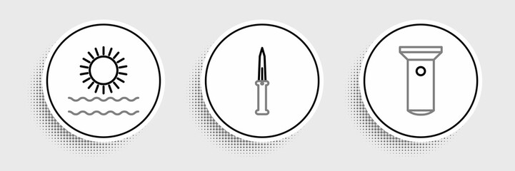 Set line Flashlight, Sun and waves and Army knife icon. Vector
