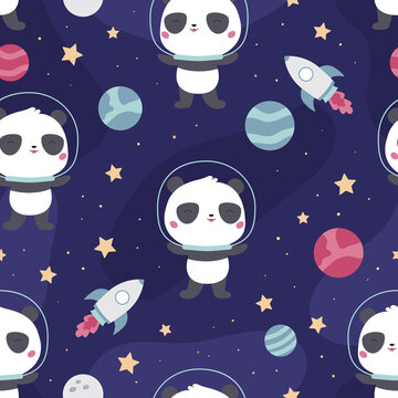 Childish seamless pattern with cute panda on space background. Cartoon kawaii animal. Flat style spaceship, planets, stars and moon. Vector illustration.
