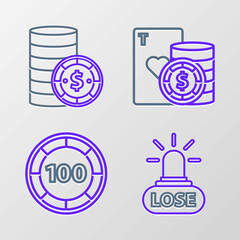 Set line Casino losing, chips, and playing cards and with dollar icon. Vector