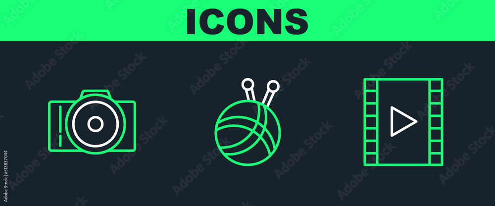 Canvas Prints set line play video, photo camera and yarn ball with knitting needles icon. vector