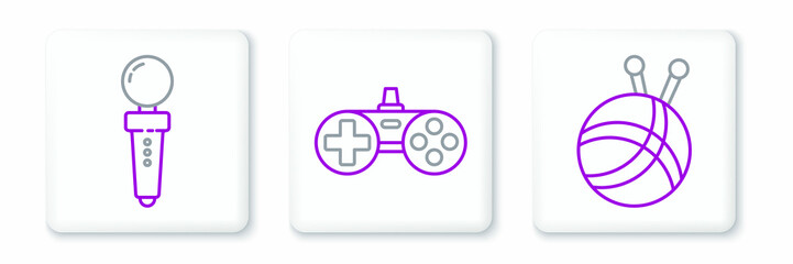 Set line Yarn ball with knitting needles, Joystick for arcade machine and Gamepad icon. Vector