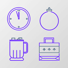 Set line Christmas paper shopping bag, Hot chocolate cup with marshmallows, ball and Clock icon. Vector