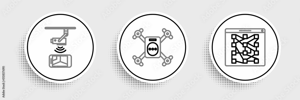 Poster set line global technology or social network, wireless controlling cctv security camera and drone fl