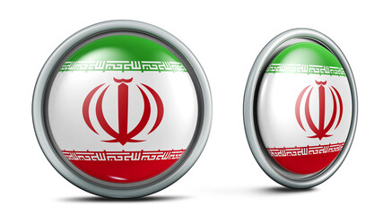 Iran flag button. 3D illustration in 2 angles. Ideal for sports disputes. 3D render with saved clipping.