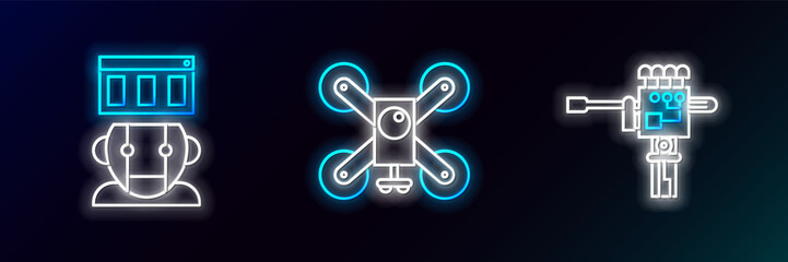 Set line Mechanical robot hand and screwdriver, Robot and Drone flying with action camera icon. Glowing neon. Vector
