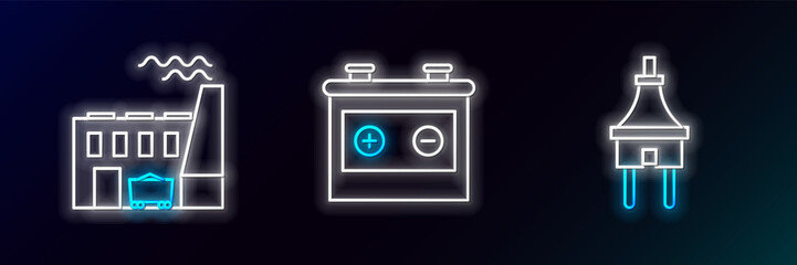 Set line Electric plug, Coal power plant and factory and Car battery icon. Glowing neon. Vector