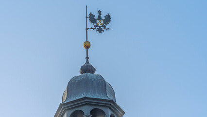 Spire of the castle tower of Nesvizh Castle, Belarus. Medieval castle and palace. Heritage concepts.