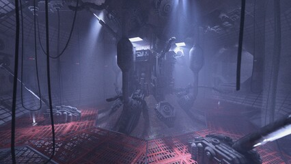 3D-illustration of a cyberpunk computer after a catastrophe