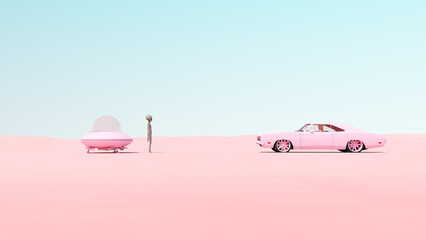 Pink Vintage Muscle Car UFO Flying Saucer Encounter Desert Sand Sunny Blue Sky Roswell New Mexico Incident Concept 3d illustration render © paul