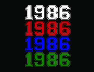 Year 1986 school font, numeral in white, red, blue and green in background black.