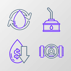 Set line Industry metallic pipes and valve, Drop in crude oil price, Canister for motor machine and Oil drop icon. Vector