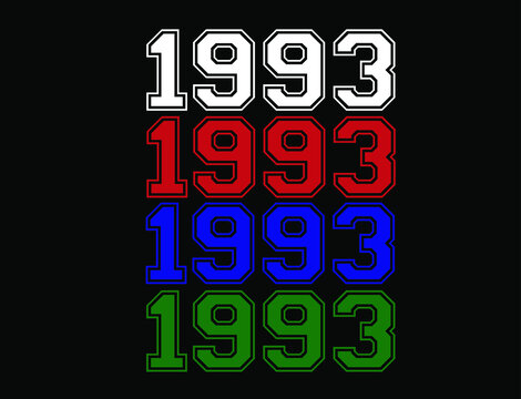 Year 1993 school font, numeral in white, red, blue and green in background black.
