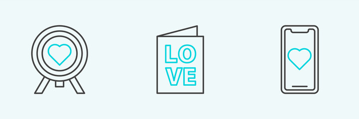 Set line Mobile phone with heart, Heart in the center of darts target aim and Valentines day party flyer icon. Vector