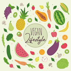 Different fruits and vegetables around a sticker Vegan lifestyle Vector