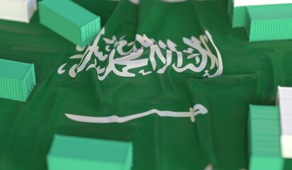 Shipping containers and flag of Saudi Arabia, production or cargo delivery related 3D rendering