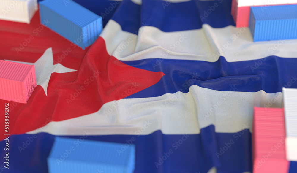Poster national flag of cuba and cargo containers. import or export related 3d rendering